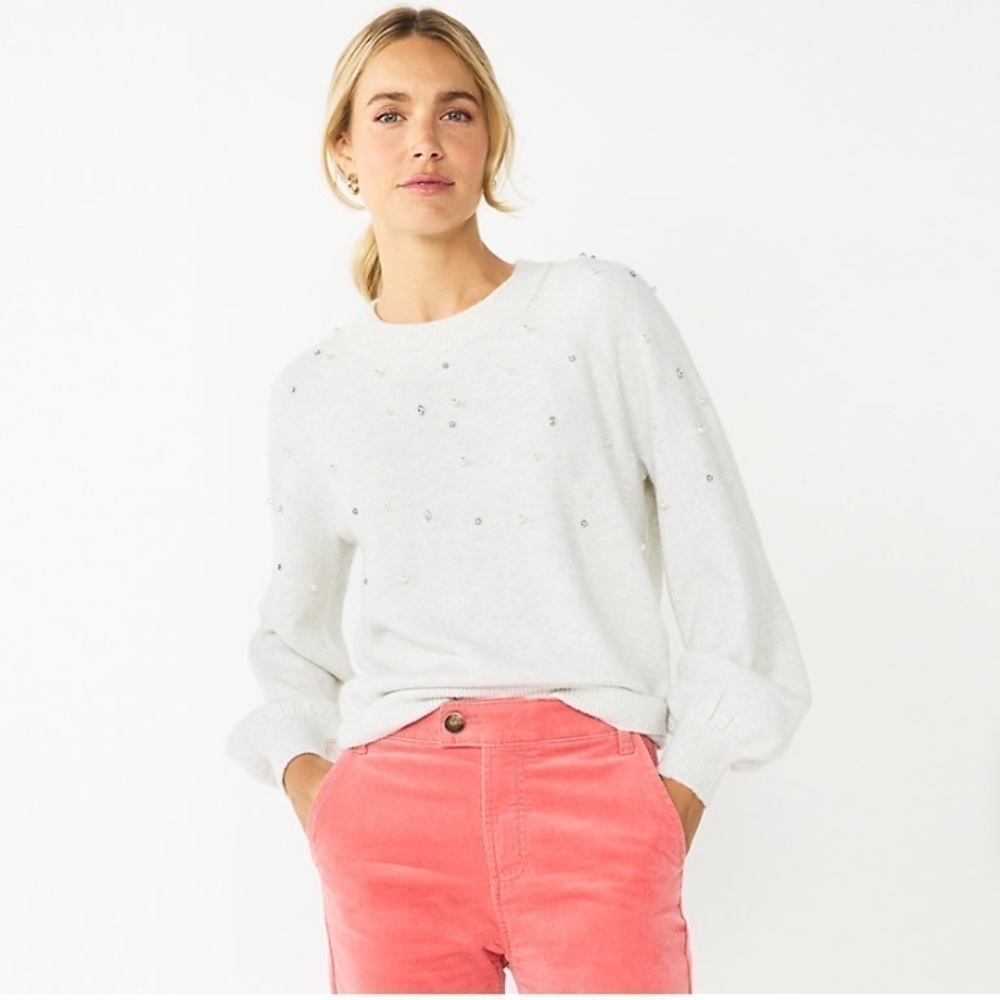 Draper James RSVP New Size L Light‎ Gray Embellished Pearls Rhinestones Sweater